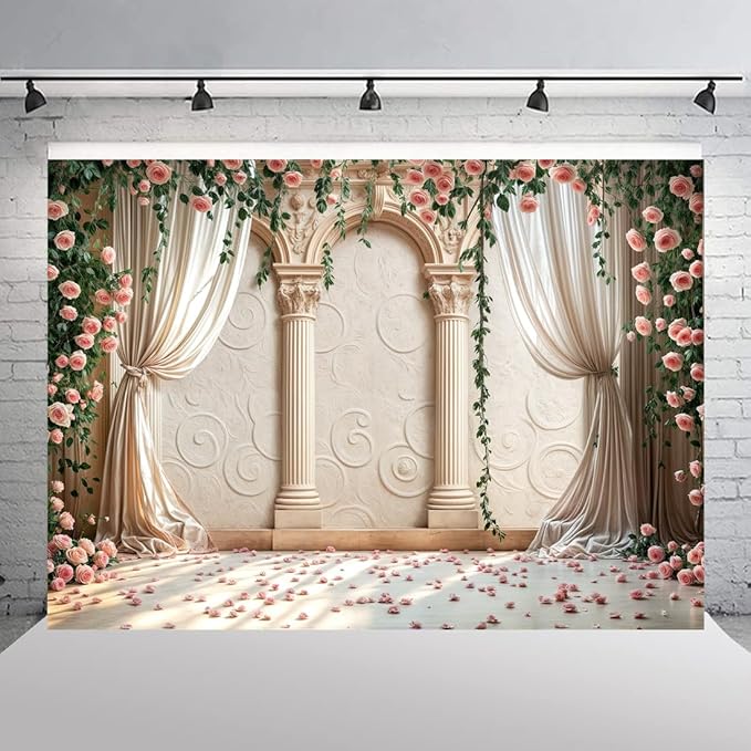 Wedding Party Backdrop, Floral Grass Wall White Sheer Curtain Flower Arch Photography Background, Greek Rose Wall Arch Lover Marriage Proposal Bridal Reception Photo Booth Props Banner 6x4ft