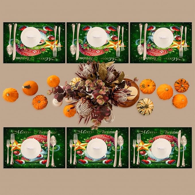 Xmas Christmas Green Santa Claus Placemats Set of 1 PVC Vinyl Non Slip Table Mats Heat Resistant Place Mats Washable Wipeable Dining Table Mat for Kitchen Decor Party Indoor Outdoor Decorative Gift