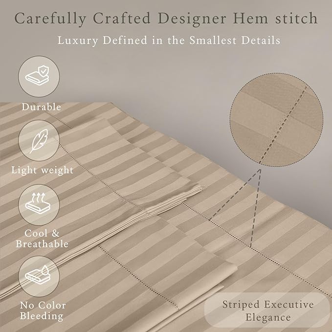 Threadmill 500 Thread Count Twin-XL Size Damask Stripe, 3 Pc Luxury Cotton Bed Sheet Set, Silky Soft Light Beige Sheets with 15" Elasticized Deep Pocket, 1 Pillowcase & Free Tote Bag