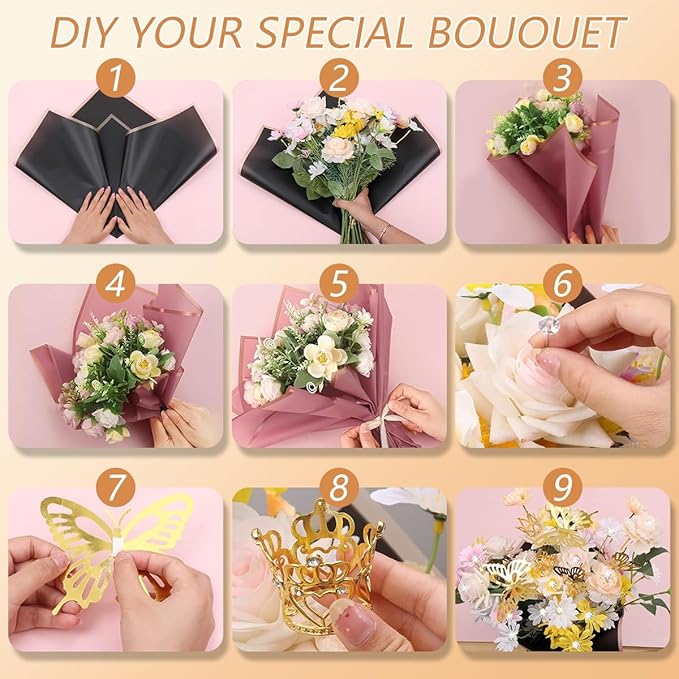 Bouquet Wrapping Paper Kits, 60Sheets Waterproof Flower Wrapping Paper, Floral Wrapping Paper Bouquet in Black Pink Beige With Ribbons, Flower Pins, 3D Butterflies & Crowns for Florist Wrap (HUA-H1)