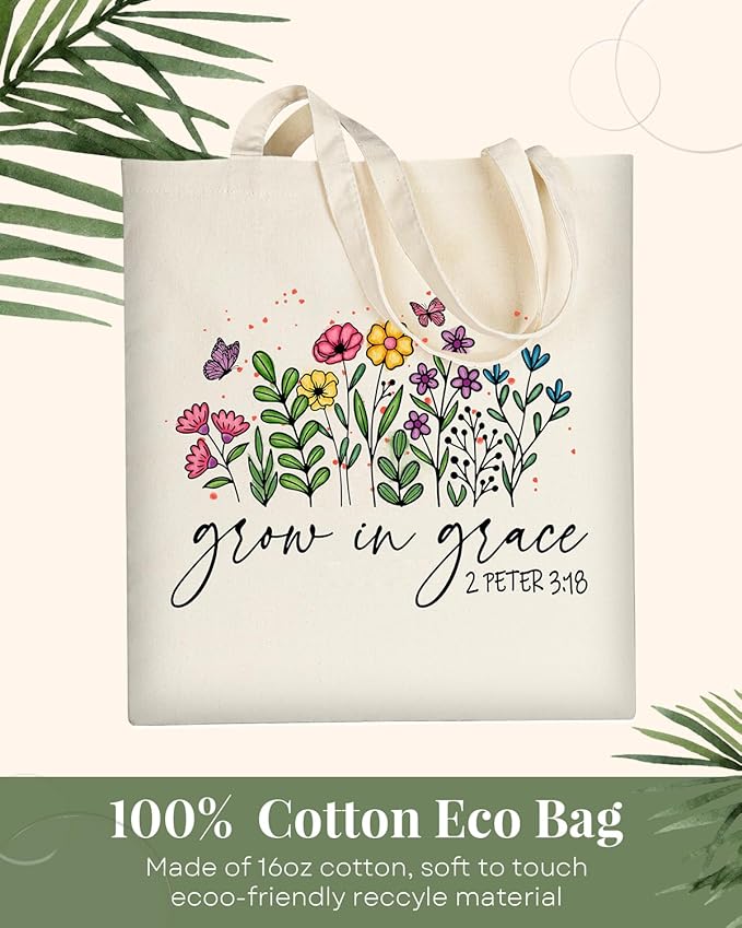 AUSVKAI Cute Canvas Tote Bag Aesthetic For Women Grocery Bag Cotton Beach Totes Gift For Grow in Grace
