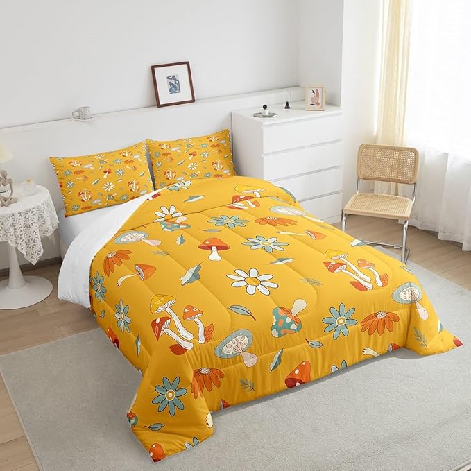 Castle Fairy Retro Hippie Mushroom Bedding Comforters King Size,Groovy Flowers Floral Duvet Set for Bedroom Decor,Yellow Boho Trippy Durable Comforter Set with 2 Pillowcases