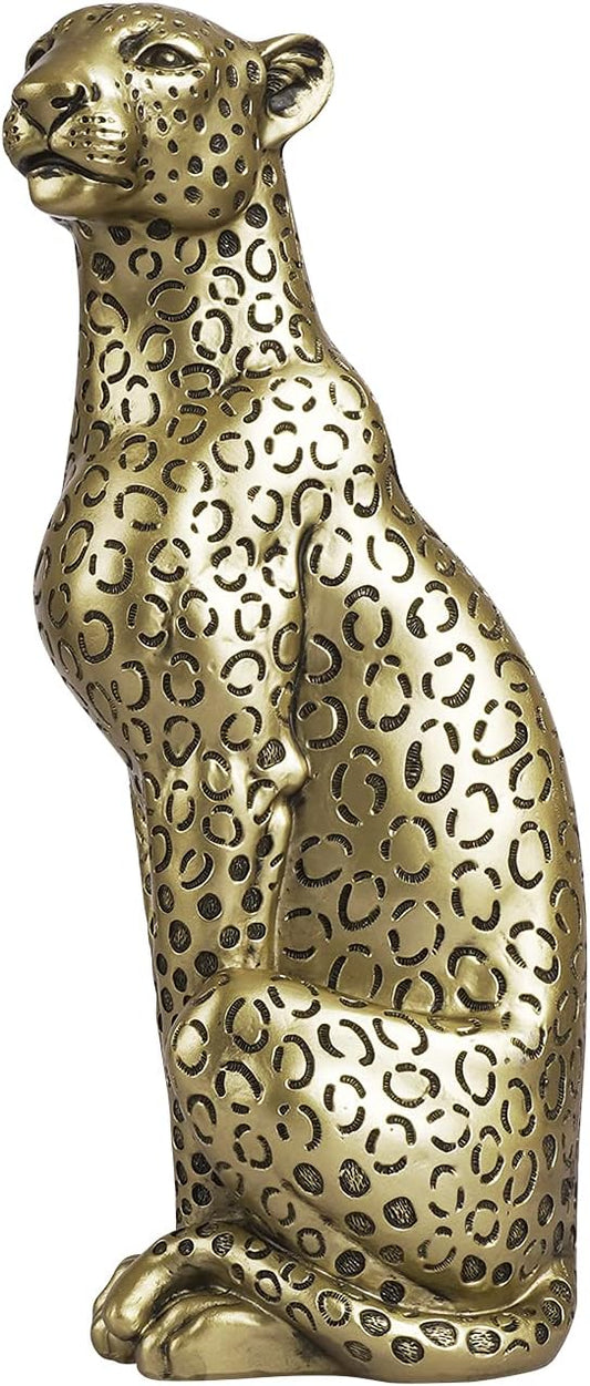 Cheetah Statue Home Decor Leopard Sculpture Resin Sitting Cheetah Figurine Desktop Table Top Ornament Decoration for Home Office Champagne Gold