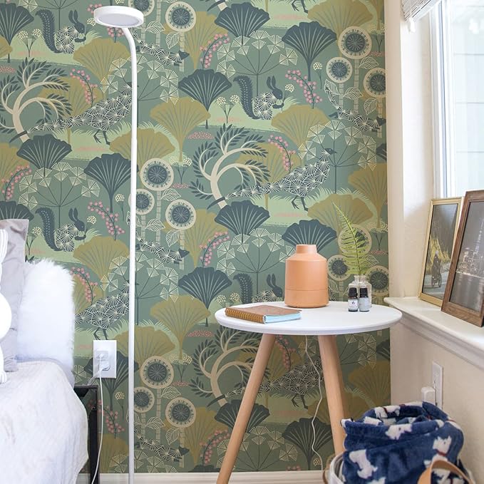 Wudnaye Green Floral Peel and Stick Wallpaper Vintage Contact Paper for Cabinets 17.7inch×118.1inch Neutral Peacock Removable Wallpaper Self Adhesive Boho Wall Paper for Bedroom Cabinet Decor Vinyl