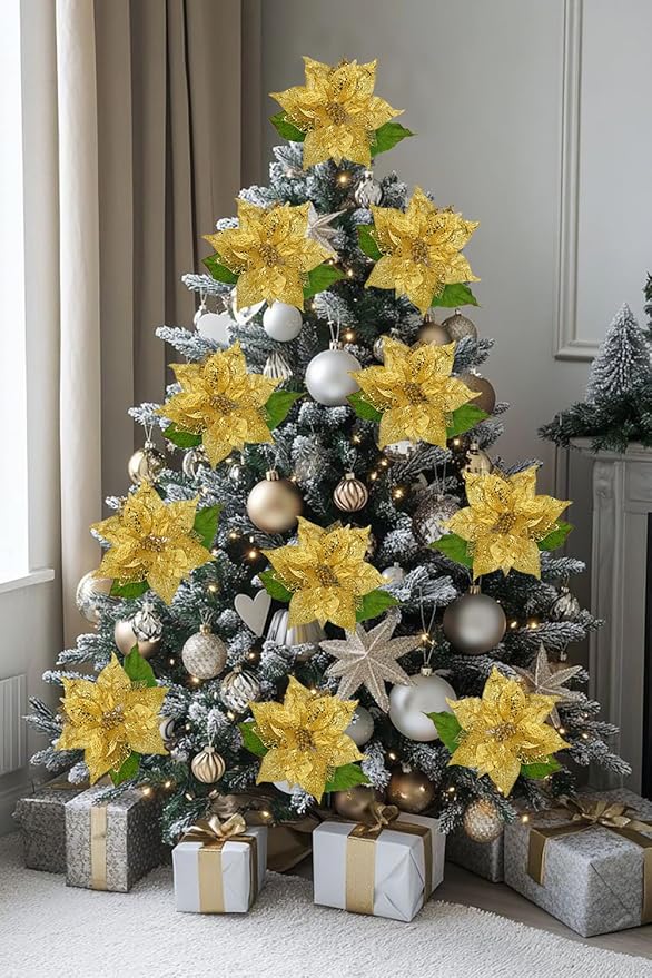 10" Poinsettia Flower Artificial for Christmas Tree Decor, 3 Pcs Faux Glitter Poinsettias Stems for DIY Xmas Wreath & Garland, Christmas Ornaments for Home Party, Holiday & New Year Decorations, Gold