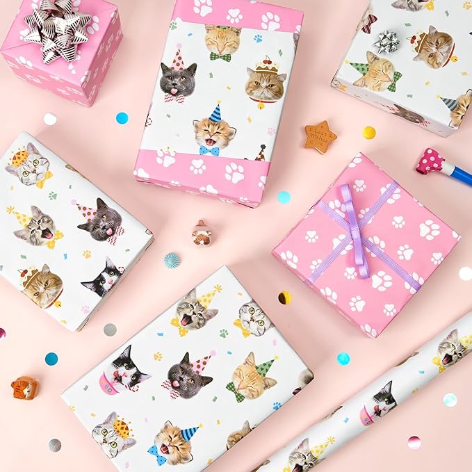 WERNNSAI Cat Wrapping Paper - 1 Roll 17” x 16.4 ft Cute Cat Birthday Wrapping Paper Reversible Kitten Gift Wrap for Birthday Present Packing Decoration with Paw Prints Design
