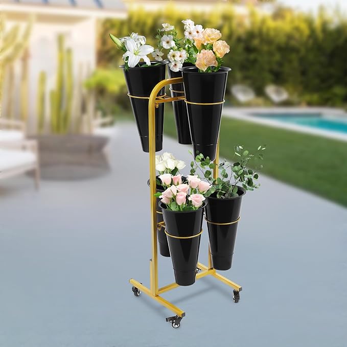 Flower Display Stand with 6 Buckets, Moving Plant Cart Shelf With Wheels and Bucket, Iron Florist Shelf, Indoor Outdoor Flower Rack for Home Patio Balcony (Black)