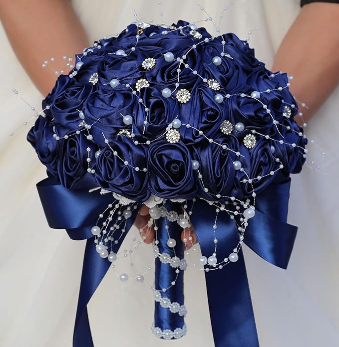 Bridal Wedding Bouquet Round Bling Brooch Bouquet Throw Toss Artificial Rose Flower Bunch for Bride Bridesmaid Wedding Quinceanera(Navy Blue, 9.8")
