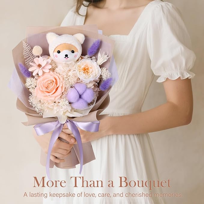 Forever Flowers Bouquet with Cute Doll - Preserved Flowers for Delivery, Real Eternal Roses Bouquet for Mothers, Mom, Girlfriend, Wife Anniversary Birthday Gifts for Women Men