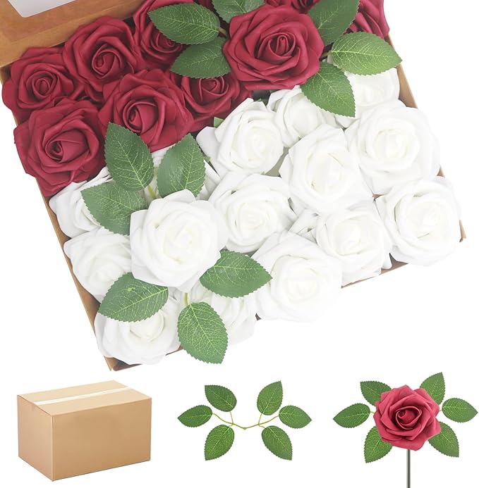 200PCS Burgundy & White Artificial Flowers Roses Real Looking Foam Fake Roses with Leaves for DIY Wedding Bouquets Bridal Shower Party Decorations (Wine red & White, 200)