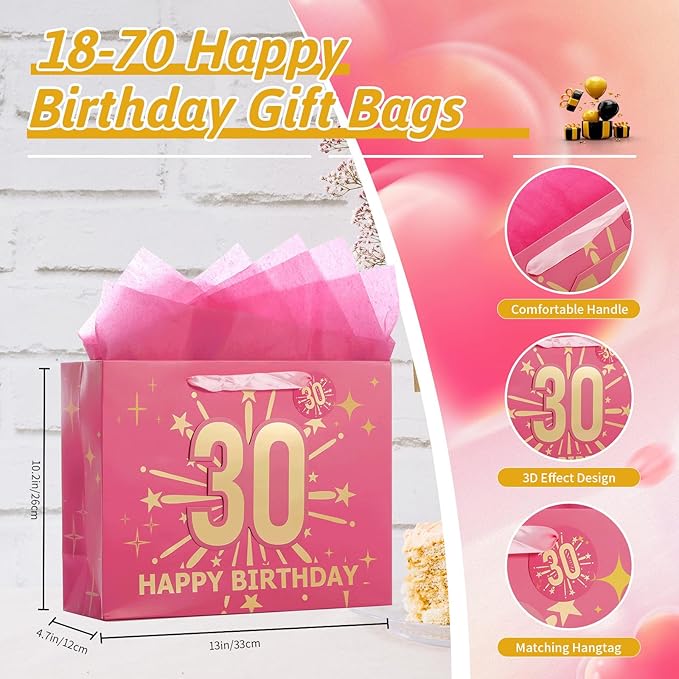 Bloomwords 30th Birthday Gift Bag Set with Card & Tissue – 13" Elegant Keepsake Party Bags for Unisex Anniversaries, Gift Wrapping & Celebrations(Pink)