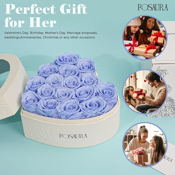 Rosaura Heart-Shaped Preserved Roses Gift Box - Real Forever Flowers for Birthday, Valentine's & Mother's Day (Sky Blue, 16 roses)