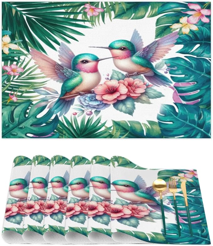 PVC Placemats Set of 6 Summer Palm Leaf Bird Wipeable Table Mats Washable Heat Resistant Non Slip Vinyl Dining Table Mat for Kithen Indoor Outdoor Patio Farmhouse Place Mats Decorative