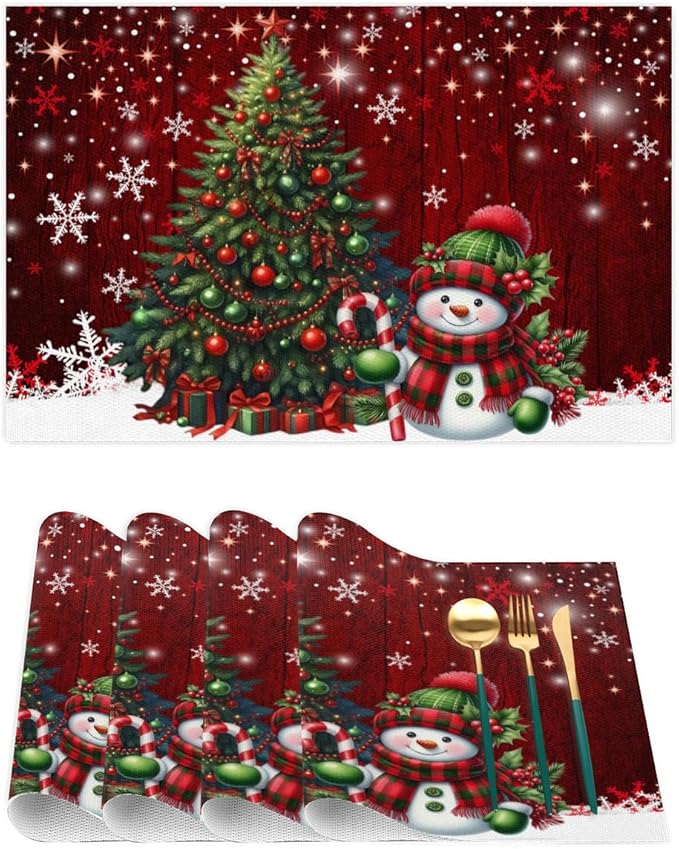Xmas Christmas Tree Snowman Red Placemats Set of 4 PVC Vinyl Non Slip Table Mats Heat Resistant Place Mats Washable Wipeable Dining Table Mat for Kitchen Decor Party Indoor Outdoor Decorative Gift