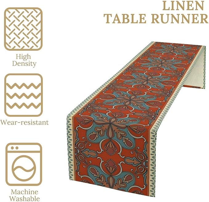 Boho Floral Table Runner, Burnt Orange Blue Traditional Ethnic Flower Vintage Farmhouse Table Runner for Kitchen Dining Wedding Party Decor, 13x120 Inch