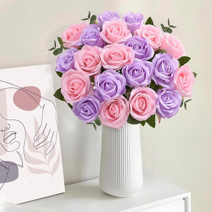 20PCS Artificial Roses with Long Stems - Realistic Silk Flowers, Fake Roses Real Touch Bouquet Roses for Home Decor, Bridal Wedding Table Centerpieces, Faux Rose Flowers (Pink Purple)