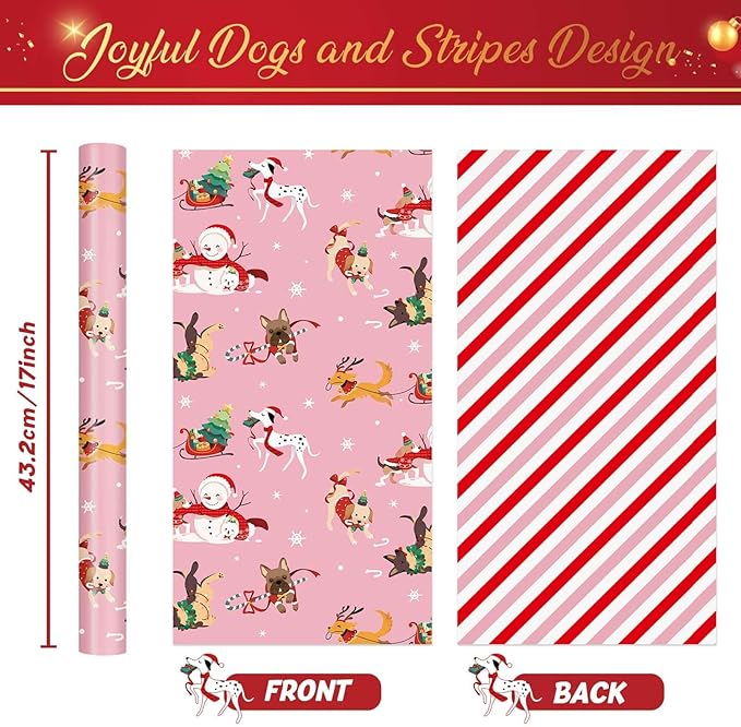 WERNNSAI Dog Christmas Wrapping Paper Roll - 1 Roll 17”x 33 ft Pink Dog Wrapping Paper Christmas for Kids Adults Reversible Red Candy Cane Stripe Gift Wrap for Xmas Winter Puppy Party Celebration