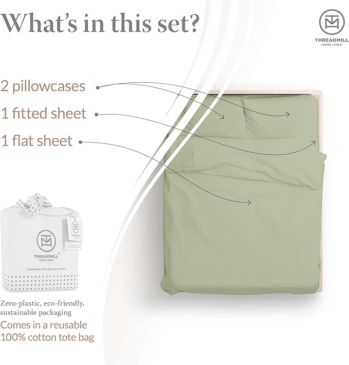 Threadmill 5-Star Hotel 500 Thread Count Best Bed Sheets, 100% Cotton Sheets Set for Queen Size Bed, Smoother Than Egyptian Cotton Claims, 4 Pc Set with Deep Pockets (Sage Green)