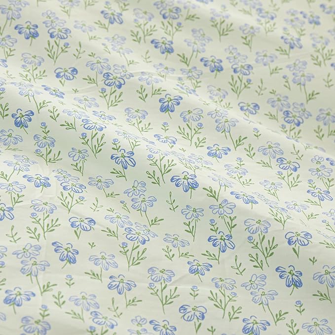 LifeTB Vintage Garden Floral Ruffled Comforter Set King Fluffy Soft Microfiber Chic Blue Floral Bedding Set Cottagecore Flowers Pattern Botanical Comforter Set with 2 Pillowcases for All-Season
