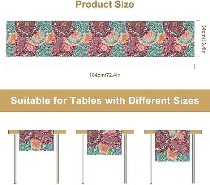 Bohemian Table Runner, Colorful Traditional Blue Pink Mandala Flower Table Runner for Kitchen Dining Cafe Party Decor, 13x108 Inch