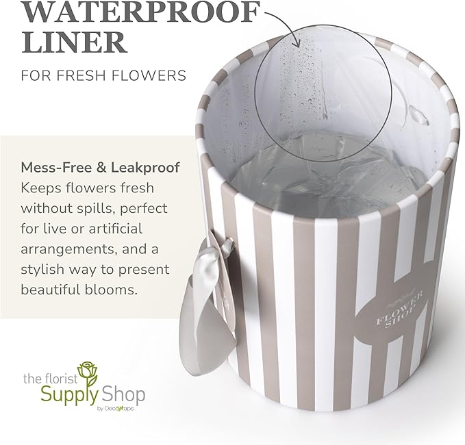 Striped Flower Hat Box 2 Pack | Round Flower Boxes for Arrangements | Satin Ribbon Handle & Waterproof Liner | Gift Box for Flowers with Lids