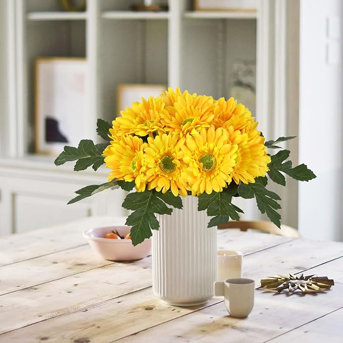 IPOPU 2 Bundles Artificial Gerbera Daisy Flowers 14 Heads Yellow Fake Daisy with Stems Faux Silk Daisy Flower for Wedding Bridal Bouquet Party Floral Arrangements Home Table Centerpiece Decor (Yellow)