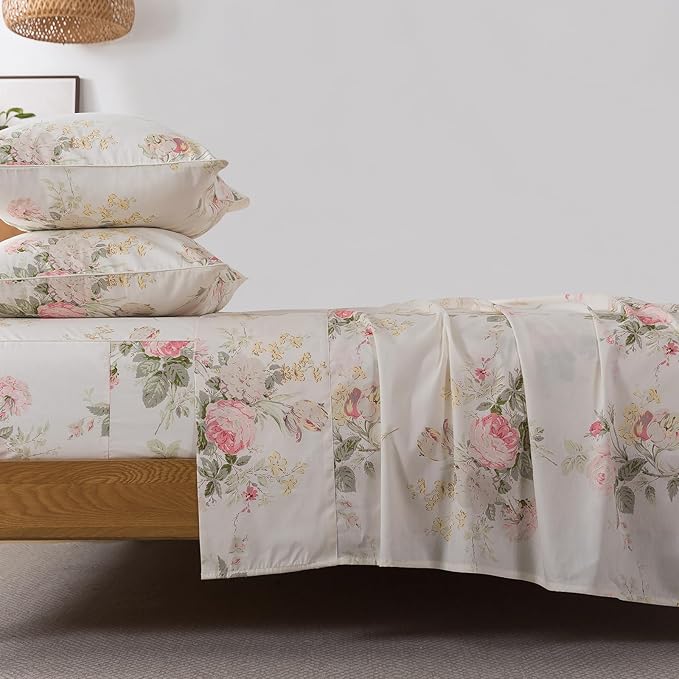 FADFAY 100% Cotton Queen Bed Sheet Set, 4 Piece Pink Rose Floral Printed Bedding, Soft Breathable Cooling Sheets with Deep Pocket Fitted Sheet, Flat Sheet & Pillowcases, Romantic Country Bedroom Décor