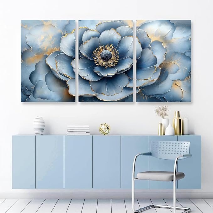 Kewhush Blue Wild Rose Canvas Wall Art, Floral Canvas Prints, Flower Blooming Set of 3 Pictures, Rose Wall Decor, Gold Accent Decor, Modern Artwork for Living Room, Bedroom (12" x 18" x 3 pcs)
