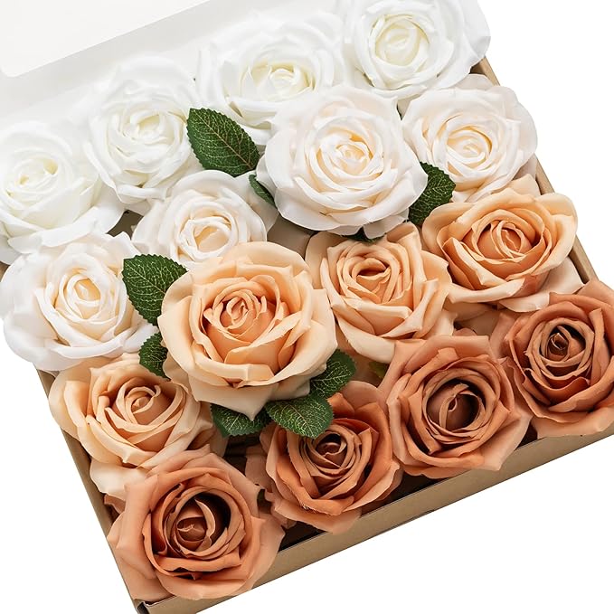 Ling's moment Artificial Flowers, 16pcs Burnt Orange Ombre Faux Silk Roses with Stems, 3.5" Fake Terracotta Flowers Bulk for DIY Wedding Bouquets Centerpieces Party Baby Shower Home Decoration