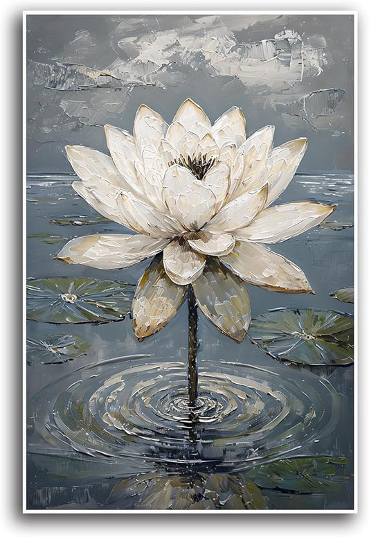 Stunning white lotus emerges from prismatic water with delicate petals background Serene aquatic wall art suitable for modern minimalist decor 16x24in Frameless