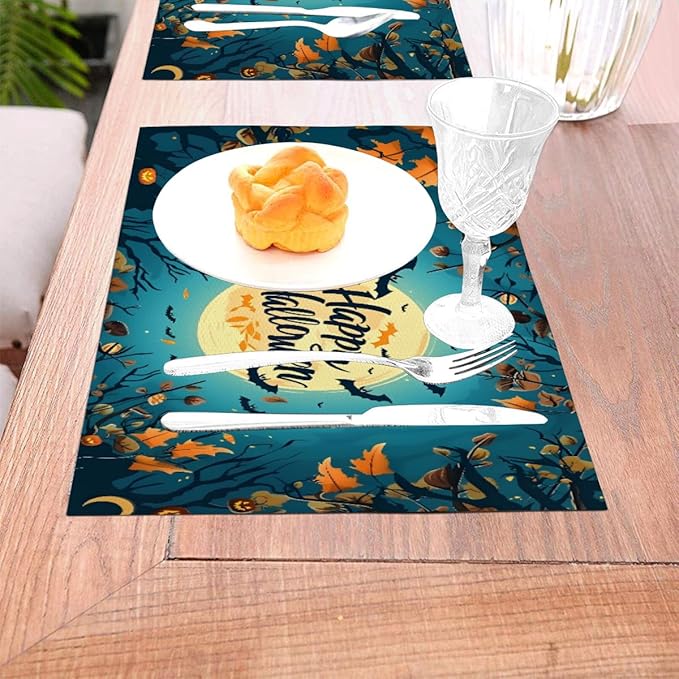 PVC Placemats Set of 6 Wipeable Table Mats Washable Heat Resistant Non Slip Vinyl Dining Table Mat for Kitchen Indoor Outdoor Patio Farmhouse Place Mats Halloween Bat Maple Decorative