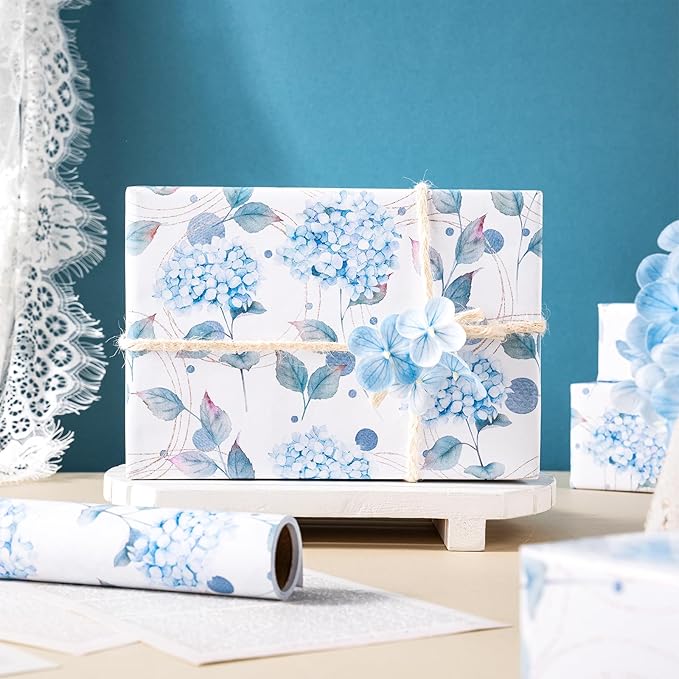 LeZakaa Blue Hydrangea Wrapping Paper Roll, Hydrangea Flowers Party Gift Wrap for Wedding, Bridal Shower, Baby Shower, Anniversary, Mother's Day, Birthday, DIY Bouquet, Mini Roll, 17 inches x 16.4Feet