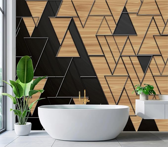 Cliouar-Geometric Illustration Dark Gray and Gold Triangles with Embossed Lines Peel and Stick 90" x 67"