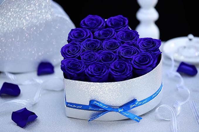 Flowers for Delivery, 16 Blue Forever Roses Heart Shape Box - Preserved Rose Gift for Her, Preserved Flower for Mothers Day, Father's Day Just Because