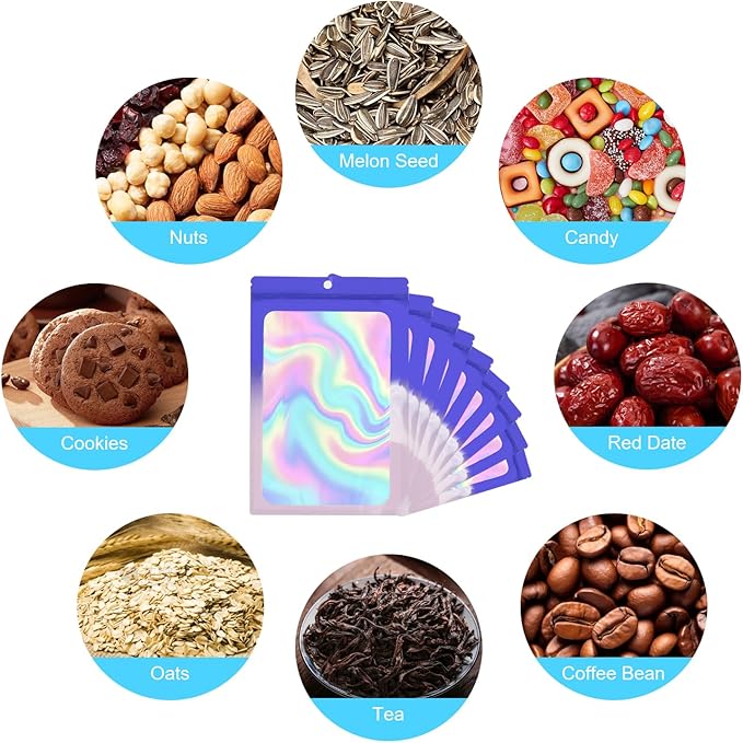 400 Pack 4 Size Bags with Clear Window,Scratch Resistant Hand Holographic Packaging Pouch,Resealable Bag for Small Bussiness Cookies Jewelry Candy Sample (Blue Purple, 2.4×3.9,3x4.7,4×7,5.5×7.9 inch)