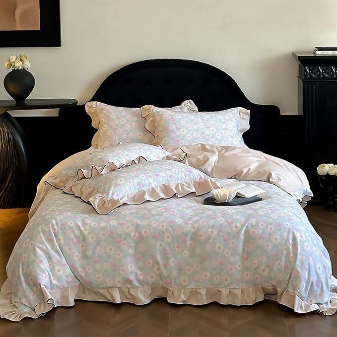 HighBuy Brushed Cotton Floral Ruffle Duvet Cover Full Size,Boho Chic Floral Bedding with Beige Edge,Breathable & Durable Bedding,Farmhouse Comforter Cover Sets 1 Duvet Cover and 2 Pillowcases