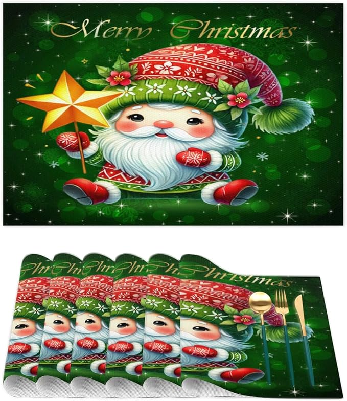 Xmas Christmas Green Santa Claus Placemats Set of 6 PVC Vinyl Non Slip Table Mats Heat Resistant Place Mats Washable Wipeable Dining Table Mat for Kitchen Decor Party Indoor Outdoor Decorative Gift