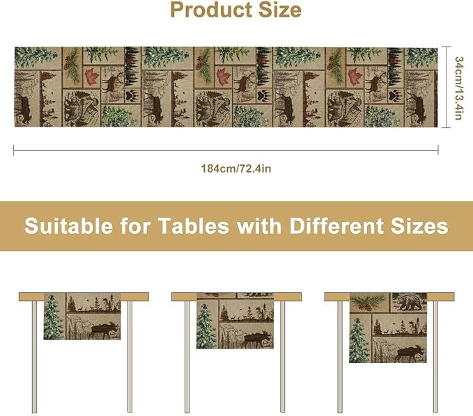 Rustic Cabin Table Runner, Farmhouse Deer Bear Retro Pine Forest Wooden Plank Wild Animal Seasonal Coffee Table Center Decor for Home Kitchen Dining Patio Holiday Party Table Decorations 13x90 inches