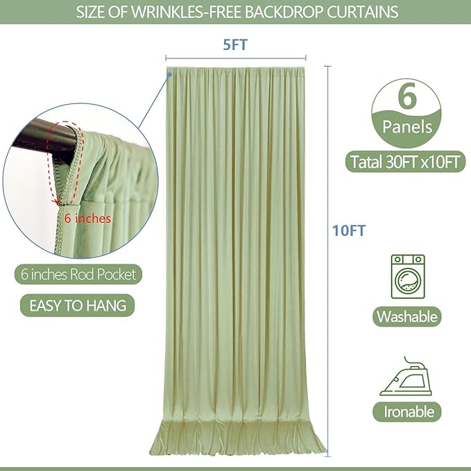 30x10ft Wrinkle Free Sage Green Backdrop Curtain for Parties Soft Fabric Drapes Wedding Curtain Backdrop for Birthday Party Decorations Background for Photography 5x10ft, 6 Panels