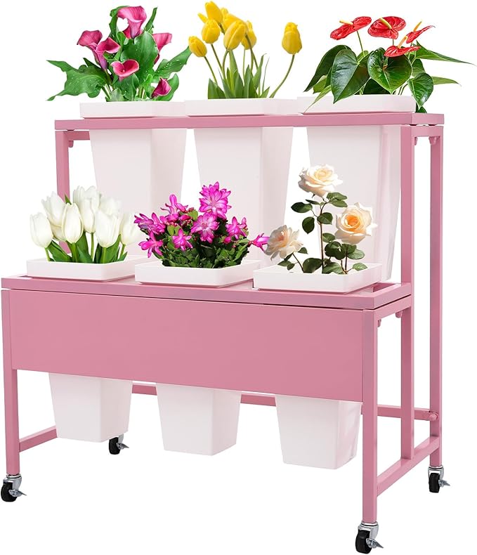 2-Layers Flower Display Stand Metal Flower Display Stand With 6 Pcs Buckets Rolling Plant Stand Flower Cart Moving Florist Bouquet Shelf for Fresh Flower Shop Balcony,Load Capacity 33.07lbs (Pink)