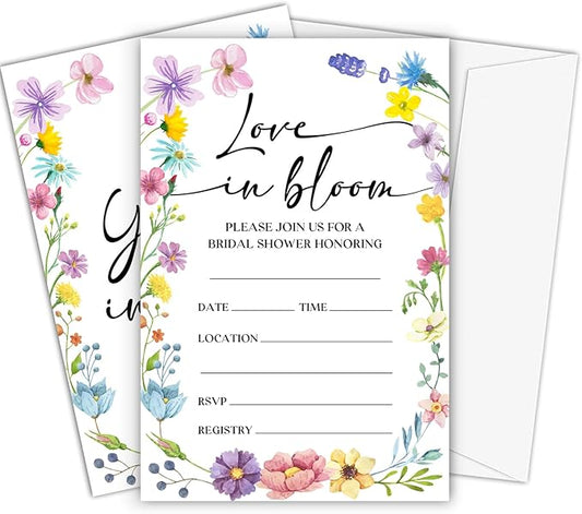 Bridal Shower Invitations, Love In Bloom Invites with Envelopes, 4x6 Inches Floral Invite Card for Wedding Shower, Newlyweds, Party Favor & Decorations-A01