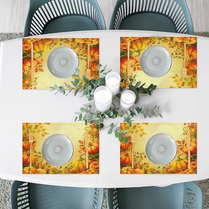 Thanksgiving Fall Yellow Pumpkin Placemats Set of 6 PVC Vinyl Non Slip Table Mats Heat Resistant Place Mats Washable Wipeable Dining Table Mat for Kitchen Decor Party Indoor Outdoor Decorative Gift
