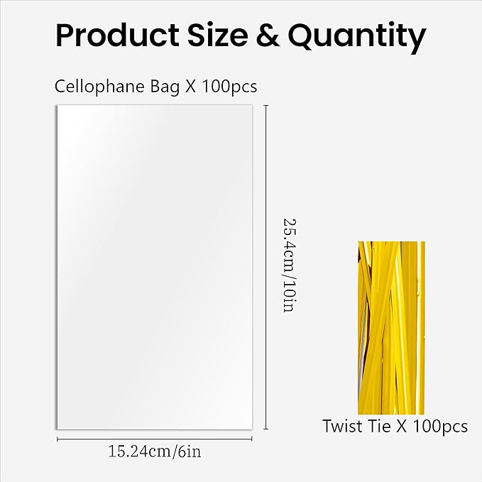 joybest 100 Pcs 6x10 Inches Clear Cellophane Bags, Plastic Treat Bags Gift Wrapping Bag for Bulk Party Favor Goodie Cookie Dessert with Twist Ties