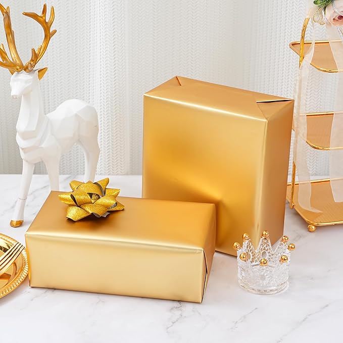 ZINTBIAL Metallic Gold Wrapping Paper Roll with Cut Lines - Solid Gold Holiday Gift Wrap for Graduation, Birthdays, Baby Shower, Wedding, Christmas - 17.5 in x 33 ft (48 sq. ft), Easy to Cut