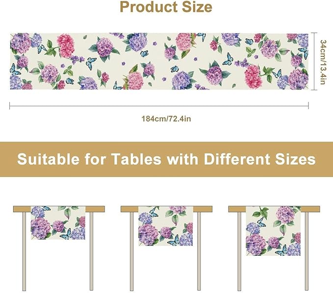 Hydrangea Table Runner, Spring Summer Watercolor Purple Floral Seasonal Country Farmhouse Coffee Coffee Table Center Decor for Home Kitchen Dining Patio Holiday Party Table Decorations 13x72 inches