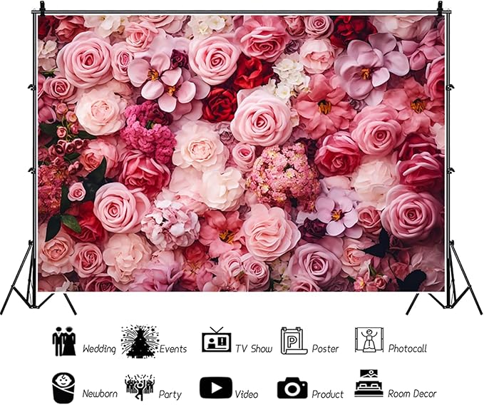 9x6ft Flower Backdrop Pink Red Rose Flowers Floral Wall Photography Background Birthday Baby Shower Wedding Party Banner Decorations Supplies Photo Booth Props