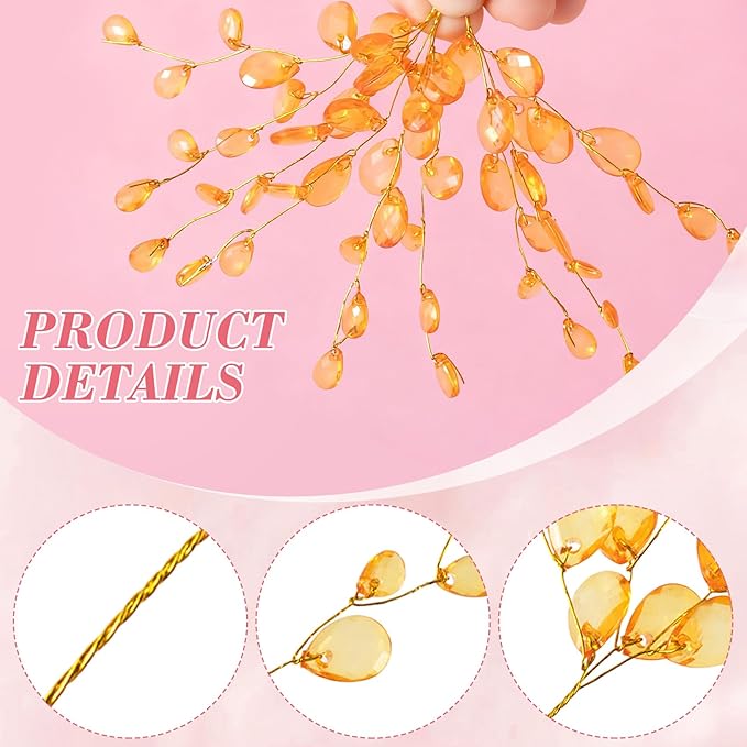 BEIQIYA 25pcs Acrylic Crystal Flower Branches, Artifial Bead Drop Bouquets, Orange Floral Picks Arrangement for Wedding Christmas Thanksgiving Day Home Office Table Top Decortaion