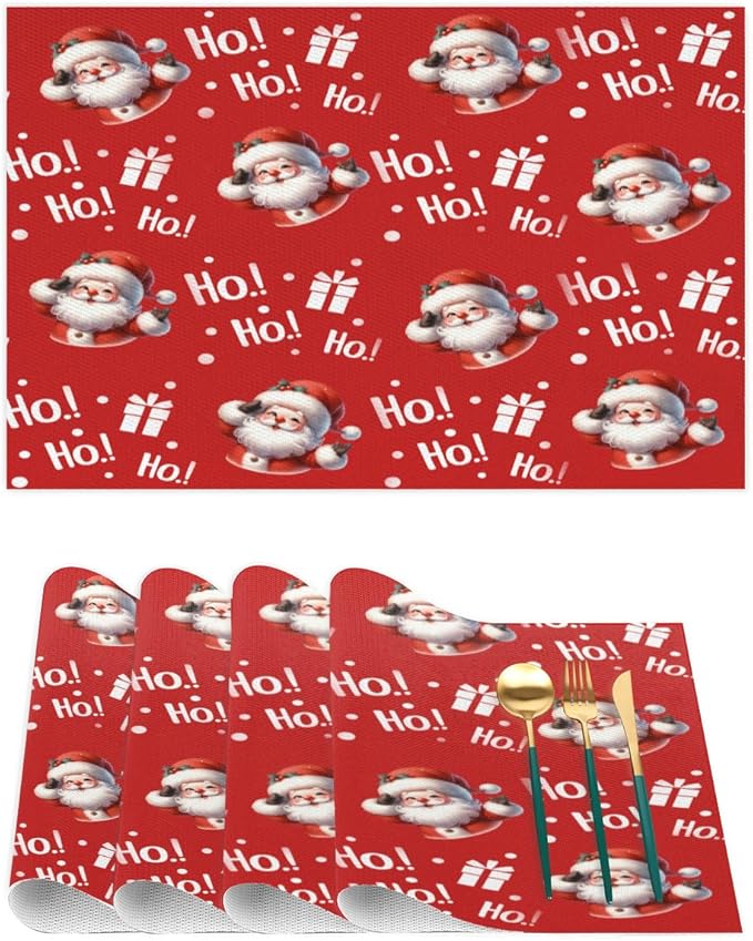 Christmas Xmas Ho Santa Claus Placemats Set of 6 PVC Vinyl Non Slip Table Mats Heat Resistant Place Mats Washable Wipeable Dining Table Mat for Kitchen Decor Party Indoor Outdoor Decorative Gift
