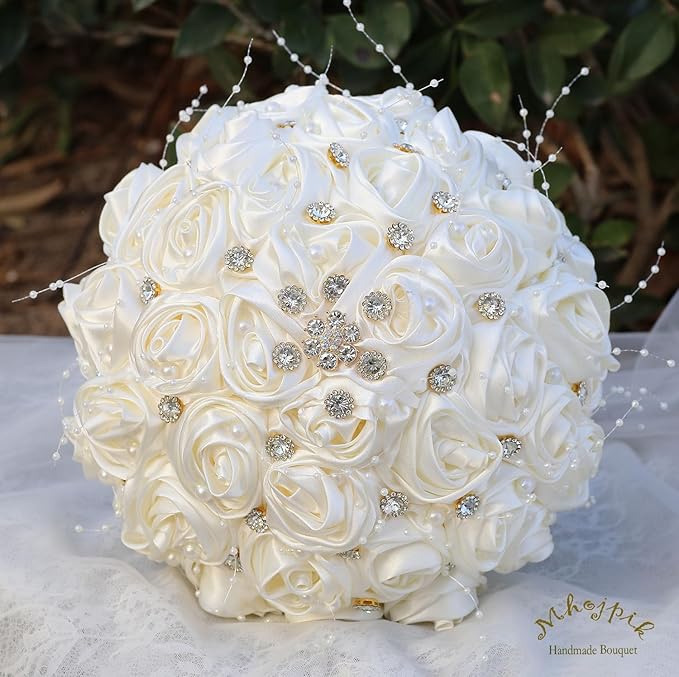 Bridal Wedding Bouquet Round Bling Brooch Bouquet Throw Toss Artificial Rose Flower Bunch for Bride Bridesmaid Wedding Quinceanera(Ivory, 9.8")