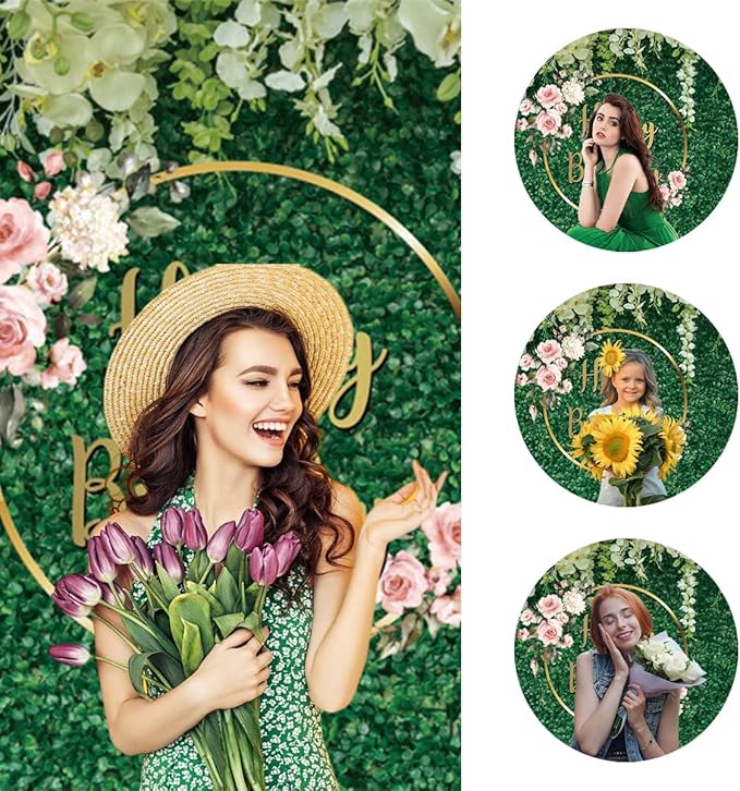 10x5ft Happy Birthday Backdrop Green Grass Flowers Wall Greenery Green Leaves Nature Botanical Photography Background Birthday Party Anniversary Portrait Studio Photo Props Polyester